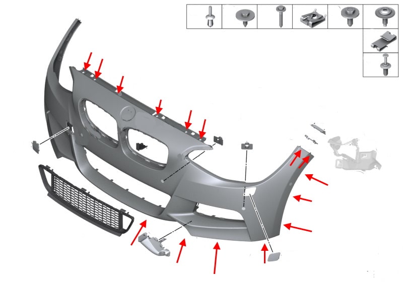 Схема крепления переднего бампера BMW 1-серии (F20, F21)