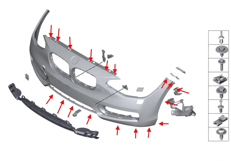 Схема крепления переднего бампера BMW 2-серии (F22, F23)