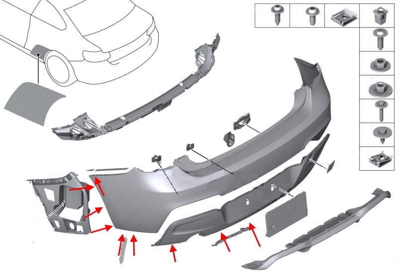 Схема крепления заднего бампера BMW 2-серии (F22, F23)