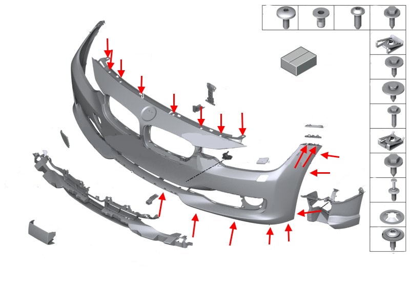 Schema di montaggio del paraurti anteriore BMW Serie 3 (F30, F31)