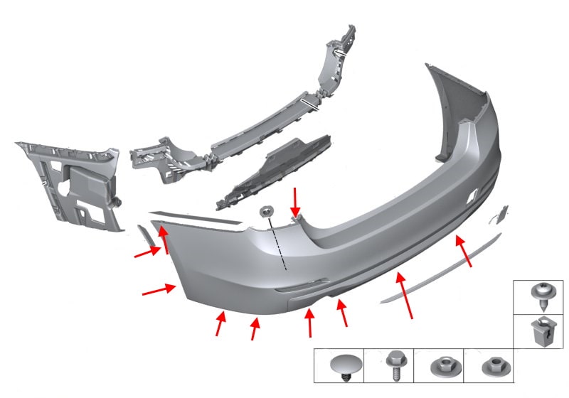 Schema di montaggio del paraurti posteriore BMW Serie 3 (F30, F31)