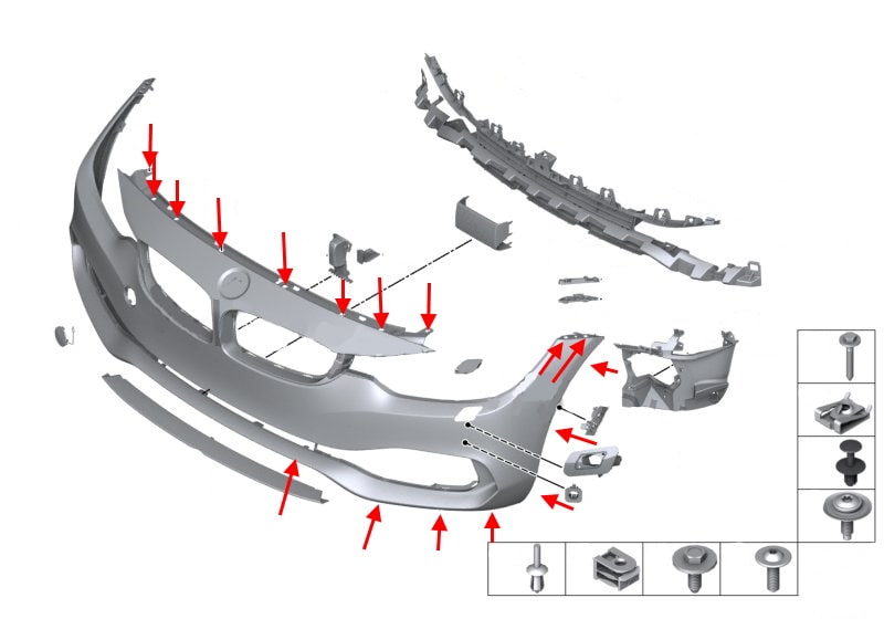 Схема крепления переднего бампера BMW 4-серии (F32, F33, F36)