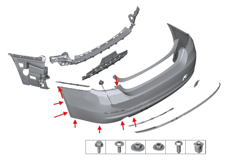 Схема крепления заднего бампера BMW 4-серии (F32, F33, F36)