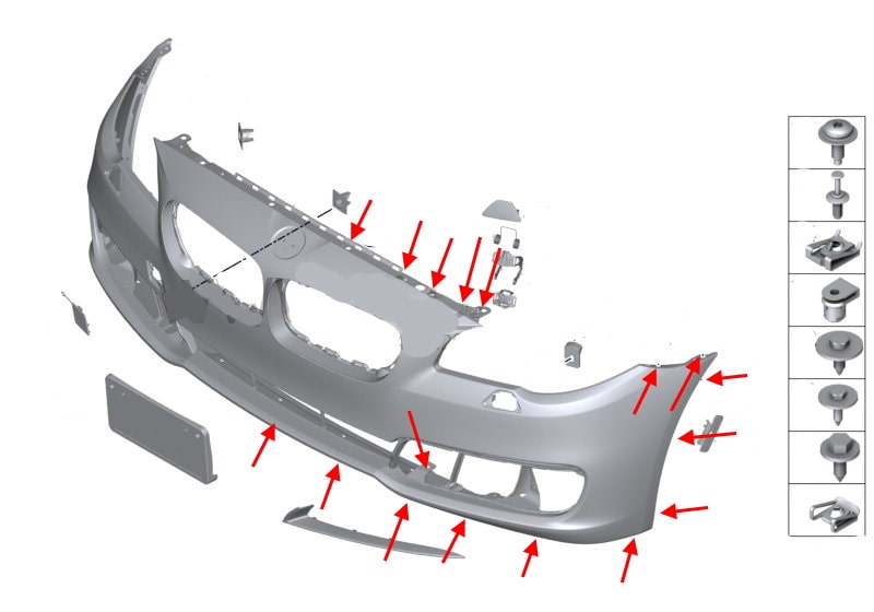 Схема крепления переднего бампера BMW 5-серии (F10, F11)