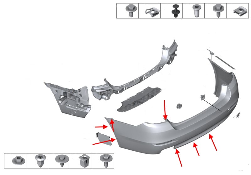 Схема крепления заднего бампера BMW 5-серии (F10, F11)