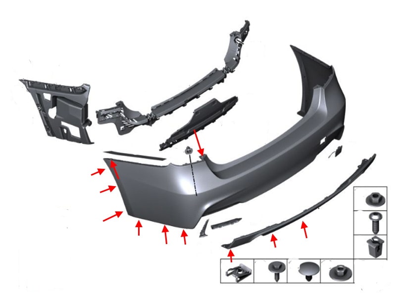 Diagrama de montaje del parachoques trasero BMW Serie 5 (G30, G31)