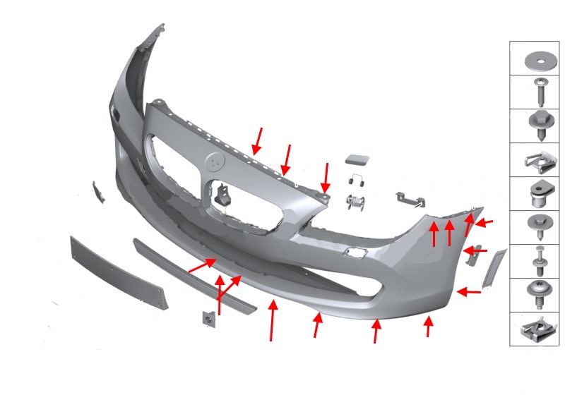 Схема крепления переднего бампера BMW 6-серии (F12, F13, F06)