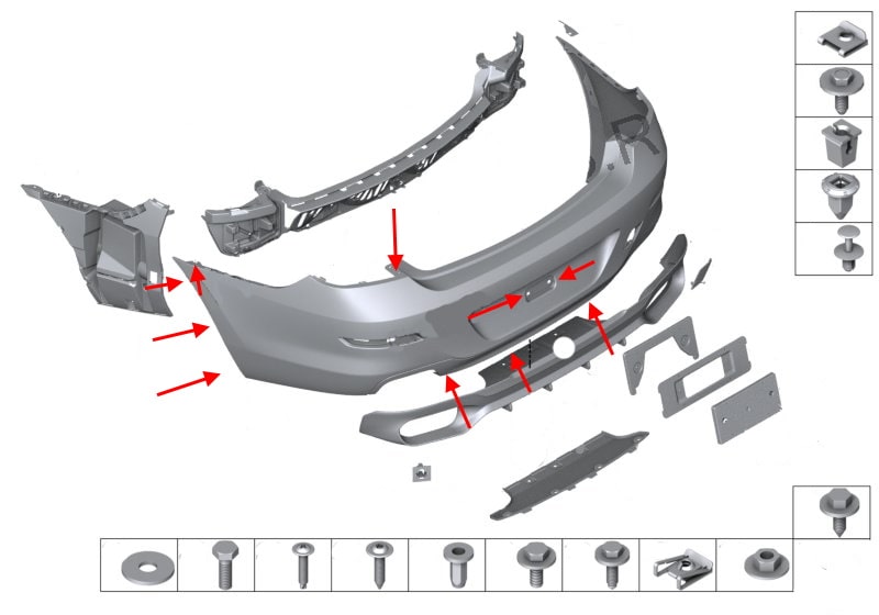Схема крепления заднего бампера BMW 6-серии (F12, F13, F06)