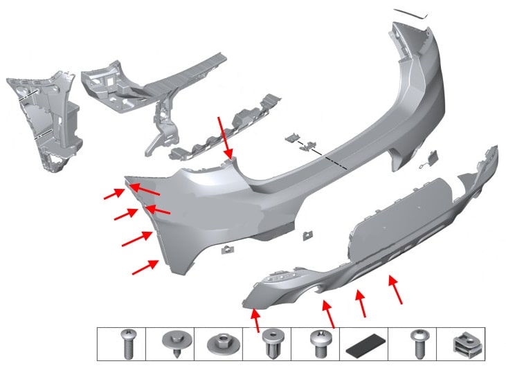 Schéma de montage du pare-chocs arrière BMW X2 F39