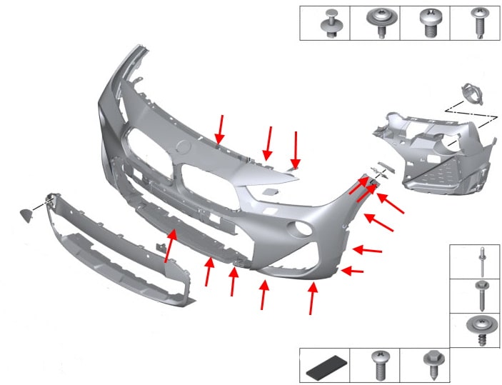 Schéma de montage du pare-chocs avant BMW X2 F39