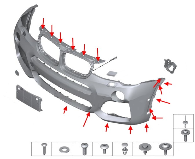 Schema di montaggio del paraurti anteriore BMW X3 F25