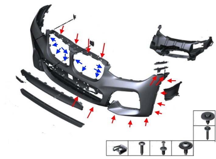 Schema di montaggio del paraurti anteriore BMW X3 G01