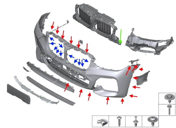 Схема крепления переднего бампера BMW X4 G02