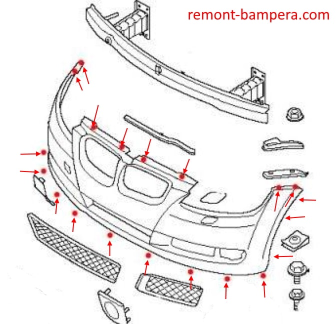 Schema di montaggio del paraurti anteriore BMW Serie 1 (E81, E82, E87, E88) (2004-2014)