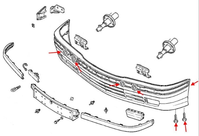 BMW 3-series (E36) (1990-2000) front bumper mounting scheme