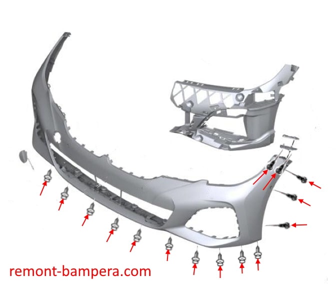 Схема крепления переднего бампера BMW 3-серии VII (G20/G21/G28) (2018+)