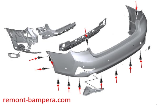 Схема крепления заднего бампера BMW 3-серии VII (G20/G21/G28) (2018+)