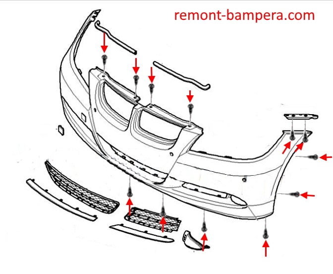 Схема крепления переднего бампера BMW 3-серии V (E90, E91, E93, E93) (2004-2013)