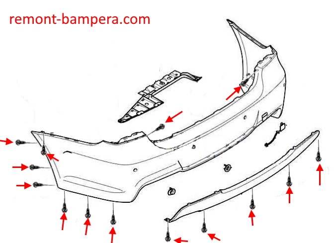 Схема крепления заднего бампера BMW 3-серии V (E90, E91, E93, E93) (2004-2013)