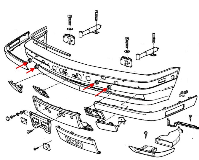 Schema di montaggio del paraurti anteriore BMW Serie 5 III (E34) (1987-1996).