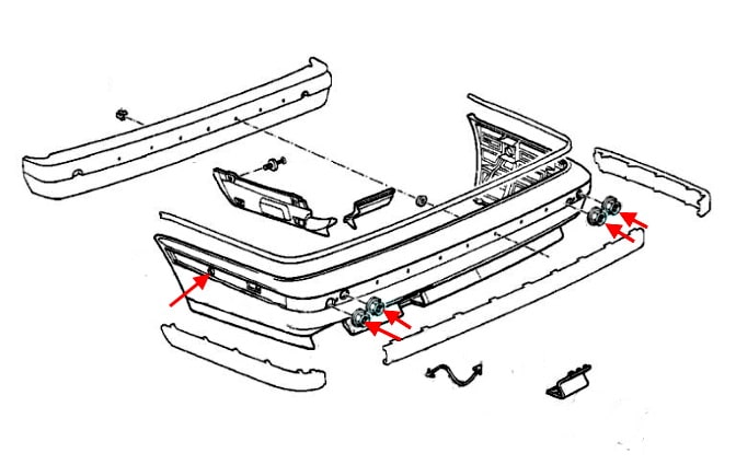 Schema di montaggio del paraurti posteriore BMW Serie 5 III (E34) (1987-1996).