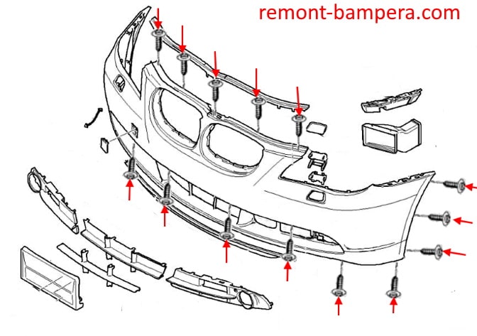 BMW Serie 5 V (E60/E61) (2003-2010) Schema di montaggio del paraurti anteriore