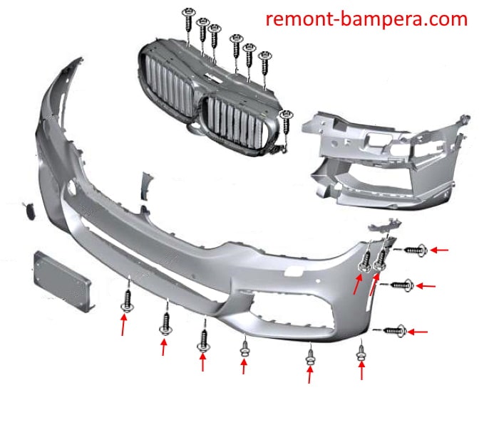 Схема крепления переднего бампера BMW 6-серии IV G32 (2017+)