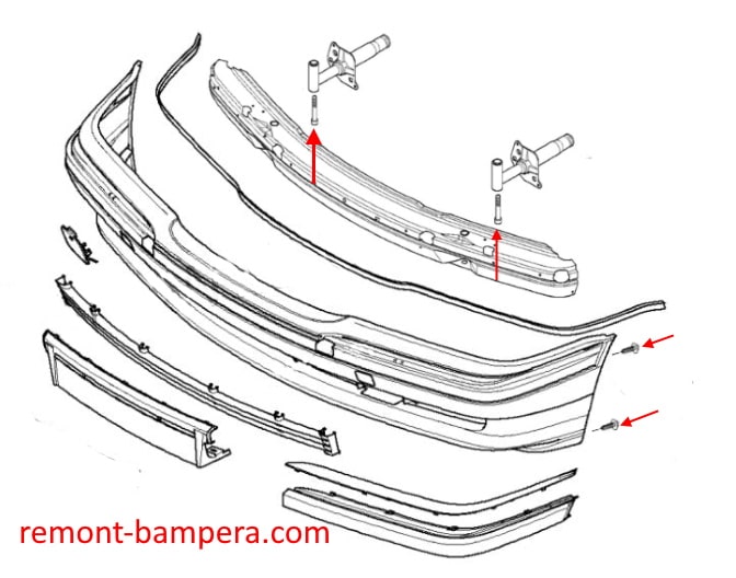 Schema di montaggio del paraurti anteriore BMW Serie 7 III E38 (1994-2001).