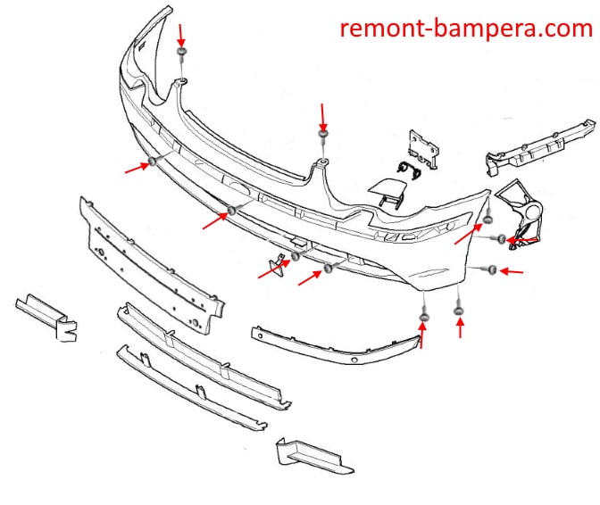 Схема крепления переднего бампера BMW 7-серии IV E65/E66 (2001-2008)