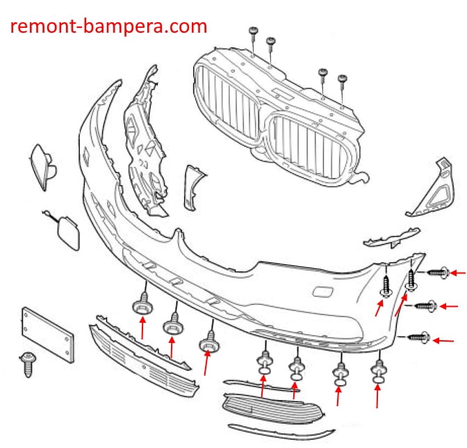 Схема крепления переднего бампера BMW 7-серии VI G11/G12 (2015-2022)