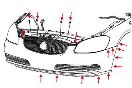 Схема крепления переднего бампера Buick Lucerne