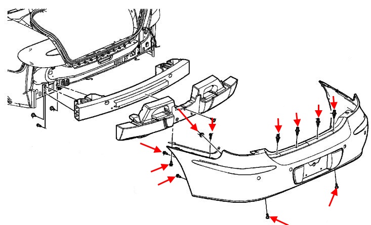 схема крепления заднего бампера Buick LaCrosse (2004-2008)