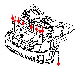 схема крепления переднего бампера Cadillac CTS (2003-2007)