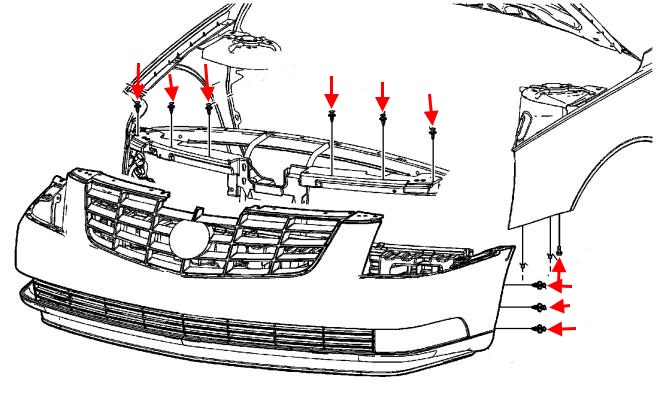схема крепления переднего бампера Cadillac DTS