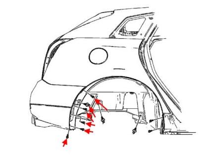 Schema montaggio rivestimento passaruota posteriore Cadillac SRX (2009-2016)