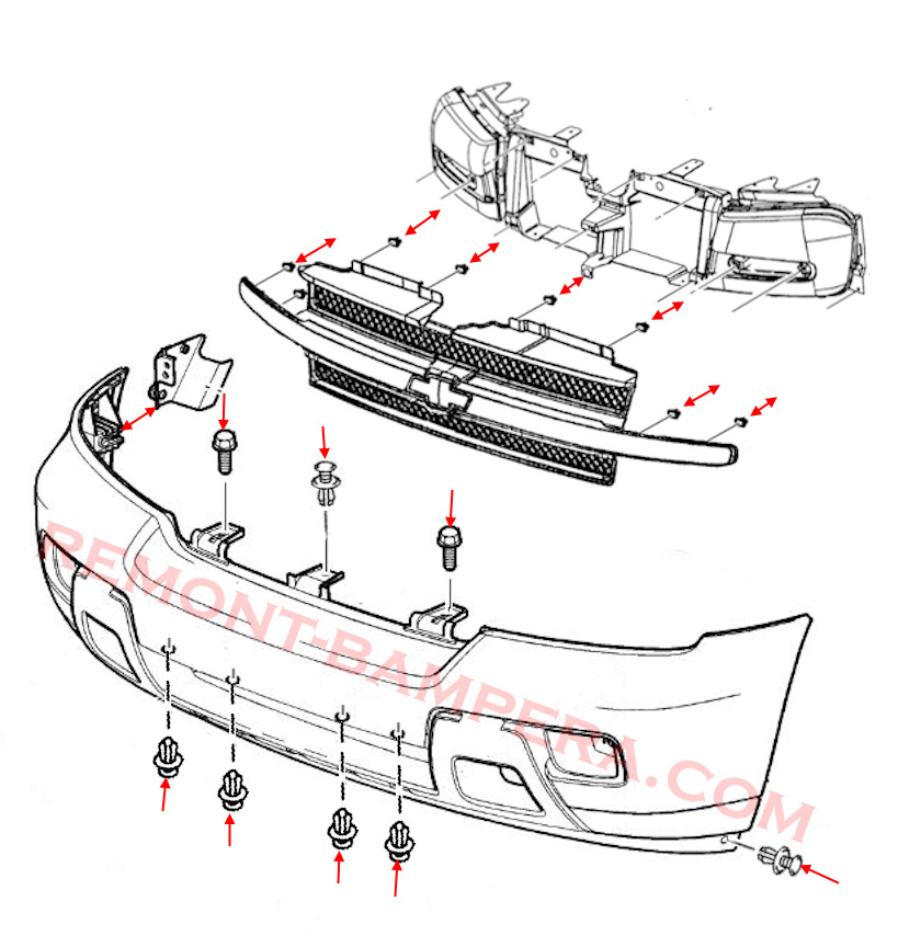 Chevrolet TrailBlazer I Front Bumper Mounting Diagram (2002–2009)