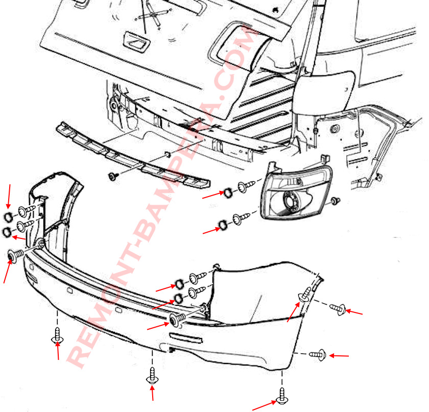 Chevrolet Traverse I Rear Bumper Mounting Diagram (2009–2017)