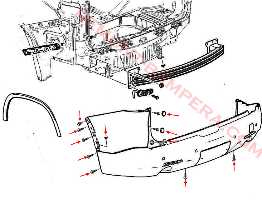 Схема крепления заднего бампера Chevrolet Traverse II (2018–2024)