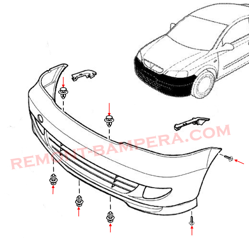 Schema di montaggio del paraurti anteriore Chevrolet Viva (2004–2008)