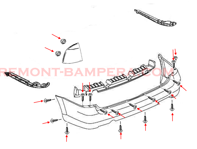 Schema di montaggio del paraurti posteriore Chevrolet Viva (2004–2008)