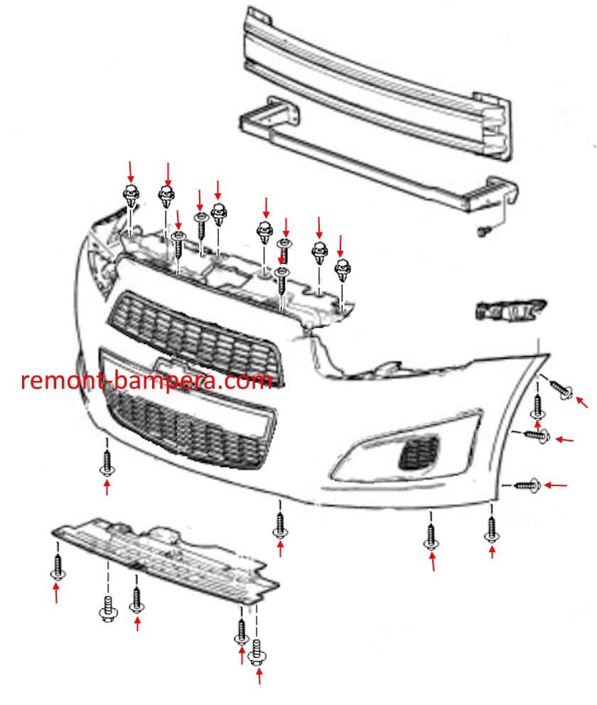 Schéma de montage du pare-chocs avant Chevrolet Aveo / Sonic (2012-2020)