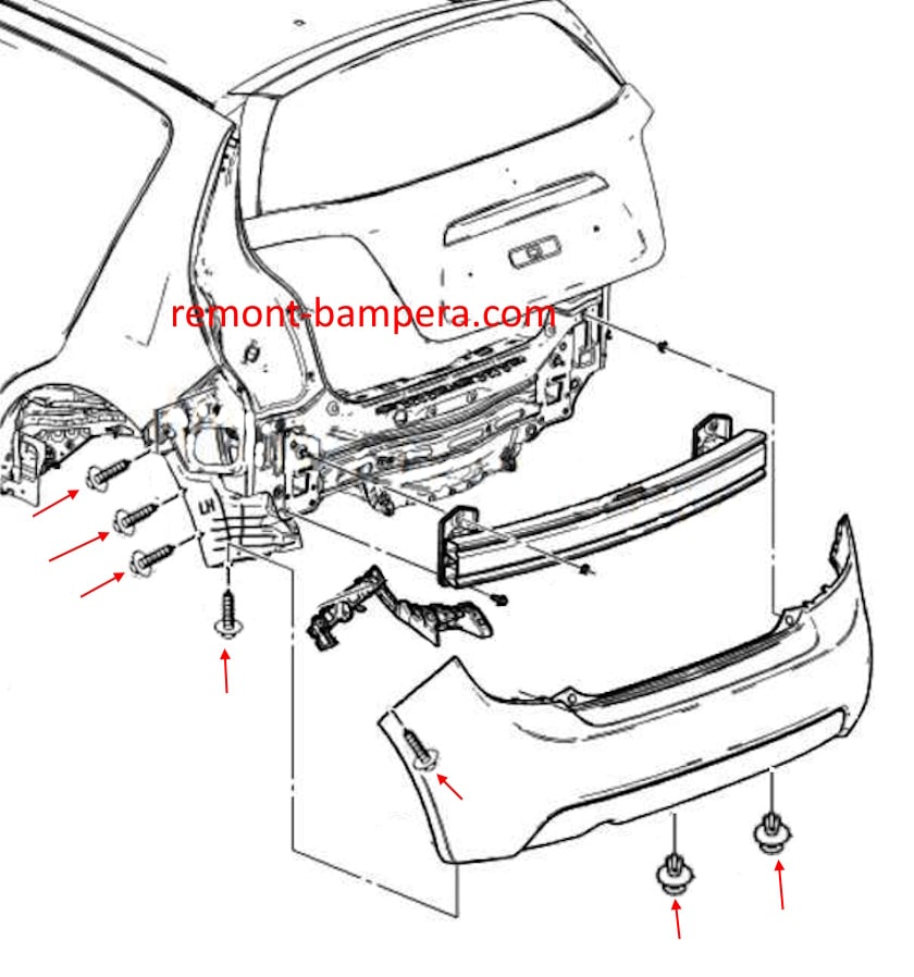 Schéma de montage du pare-chocs arrière Chevrolet Aveo / Sonic (2012-2020)