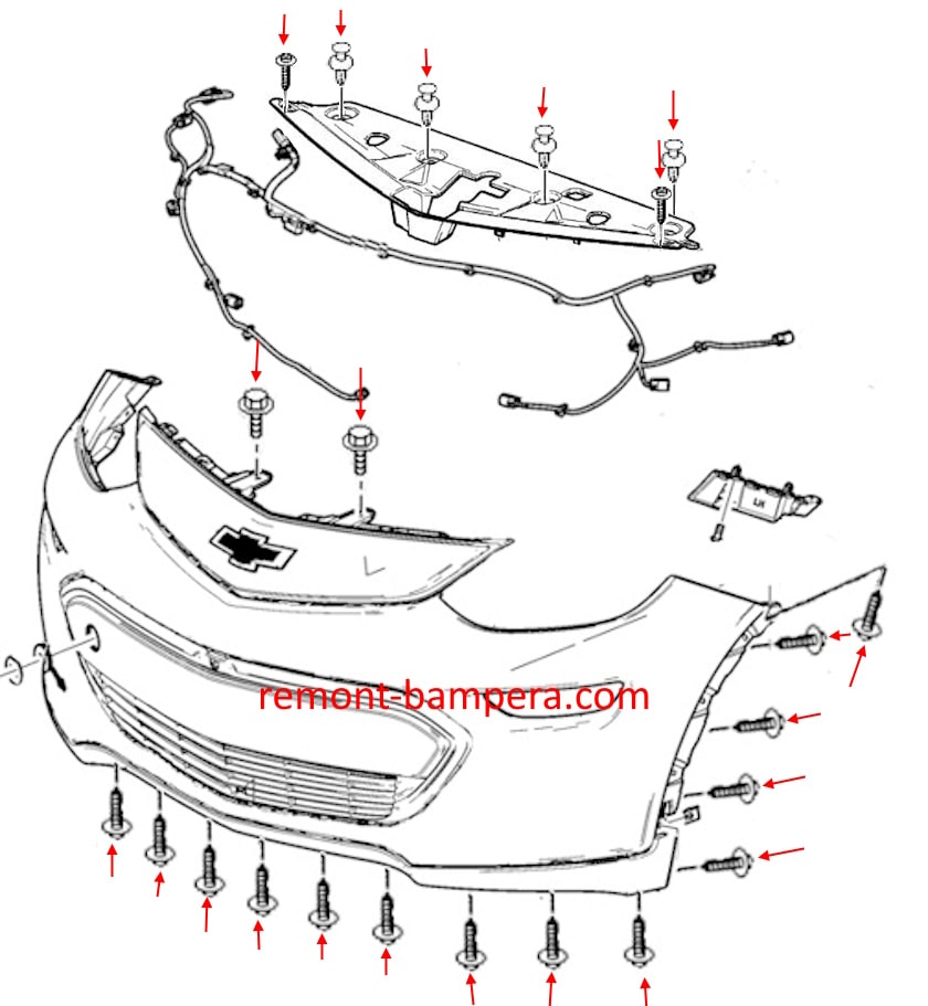 Схема крепления переднего бампера Chevrolet Bolt EV (2016-2023) 