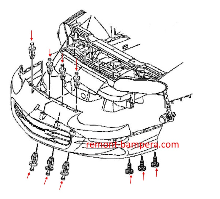 Схема крепления переднего бампера Chevrolet Camaro IV (1993-2002)
