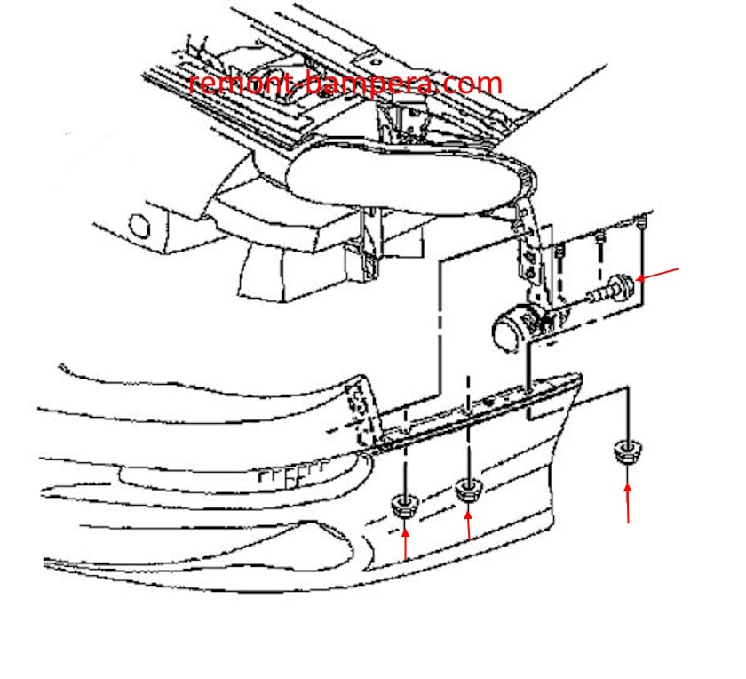 Схема крепления переднего бампера Chevrolet Camaro IV (1993-2002)