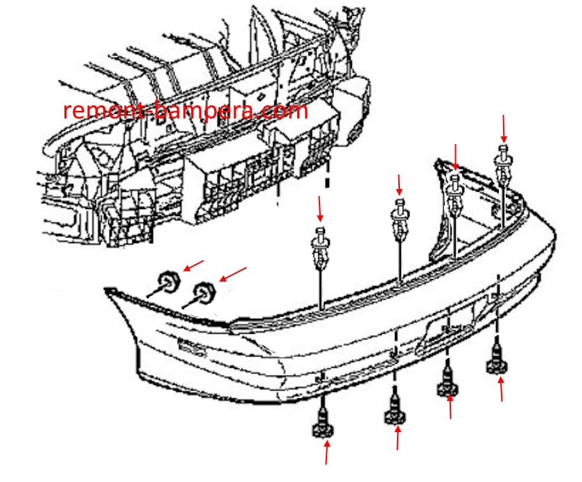 Схема крепления заднего бампера Chevrolet Camaro IV (1993-2002)