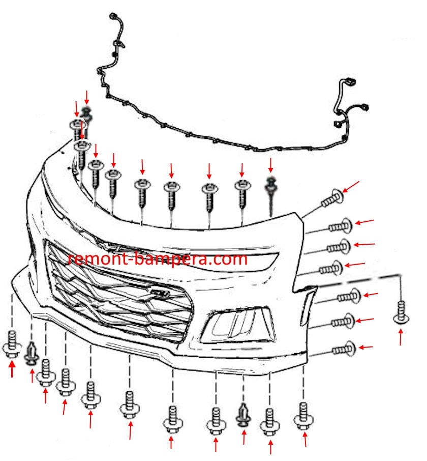 Schéma de montage du pare-chocs avant Chevrolet Camaro VI (2016-2024)