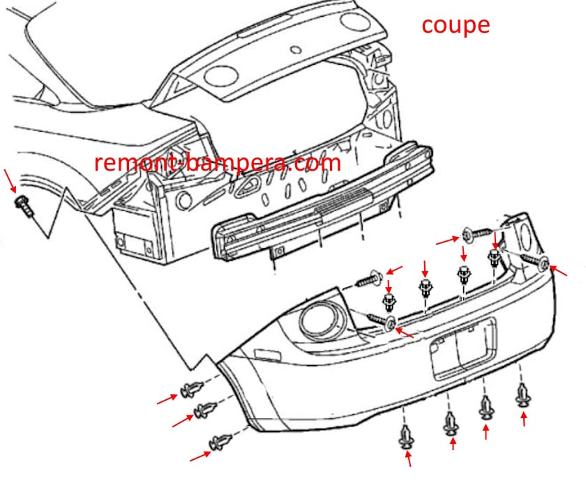 Schéma de montage du pare-chocs arrière pour Chevrolet Cobalt I (2005-2010) coupé