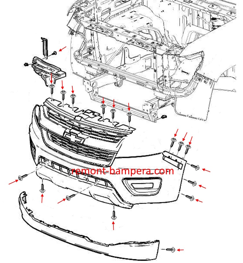 Schéma de montage du pare-chocs avant du Chevrolet Colorado II (2015-2022)