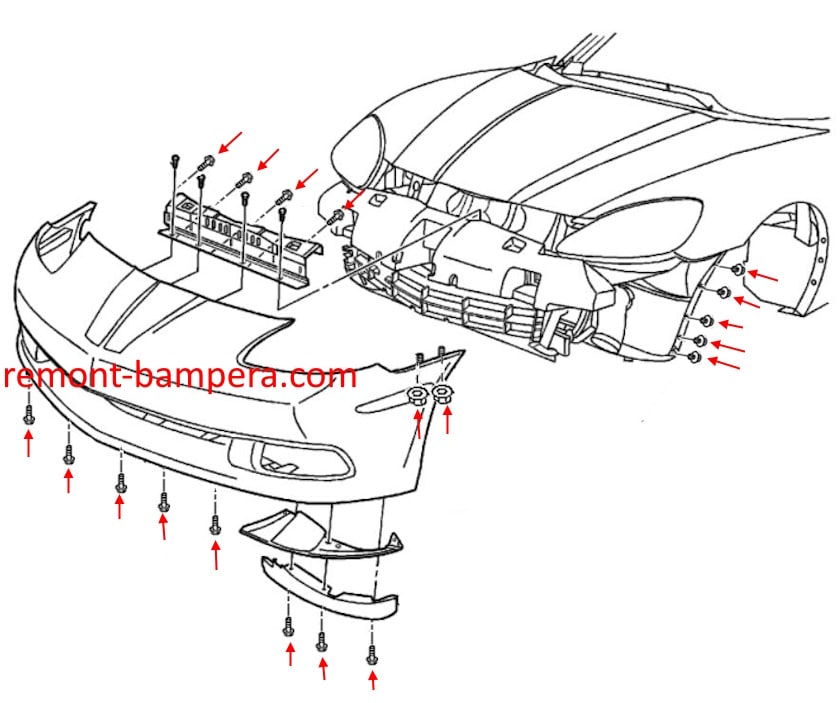 Схема крепления переднего бампера Chevrolet Corvette C6 (2005-2013)